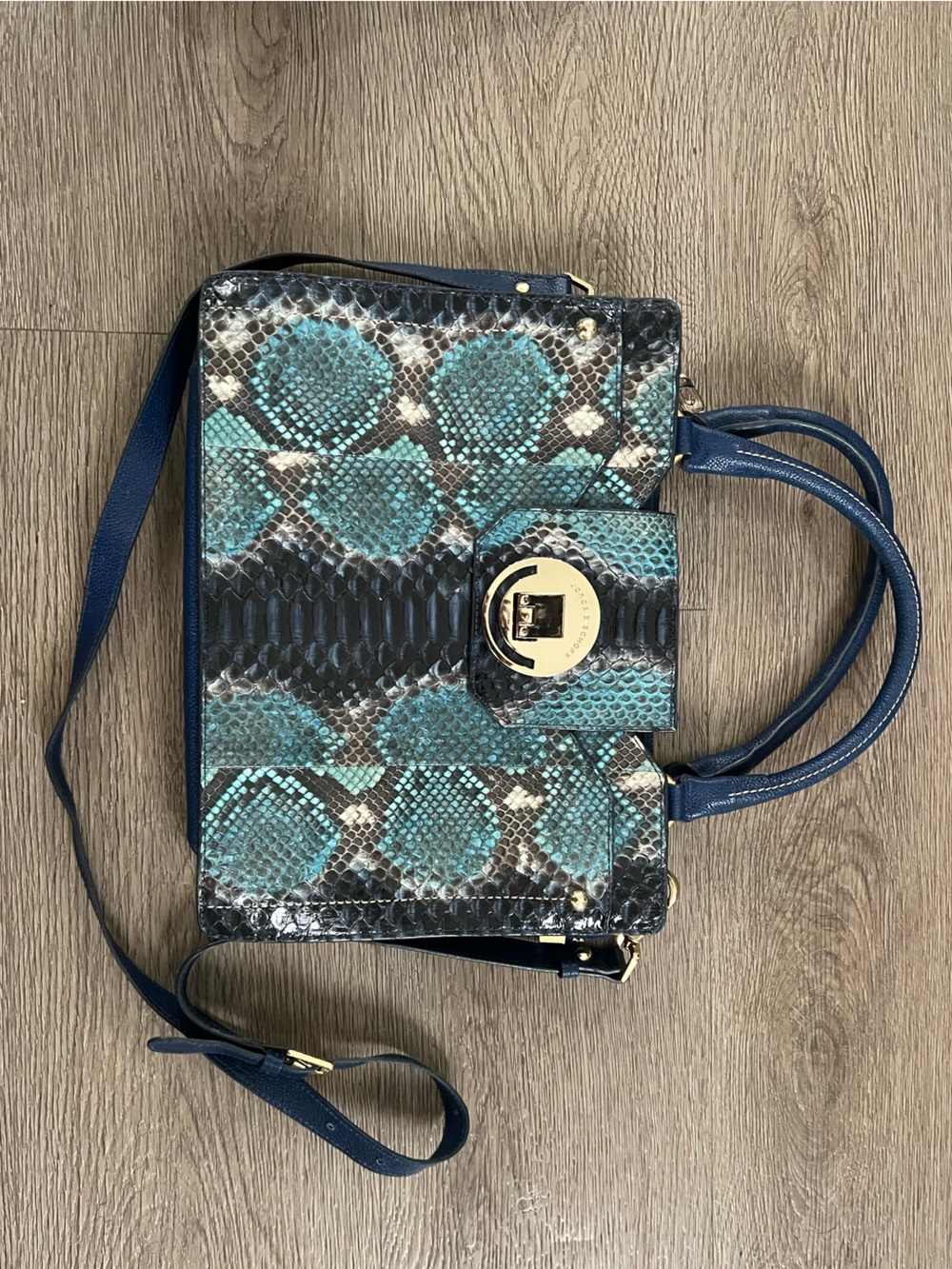 Teal Snake-Print Satchel with Gold Turn-Lock